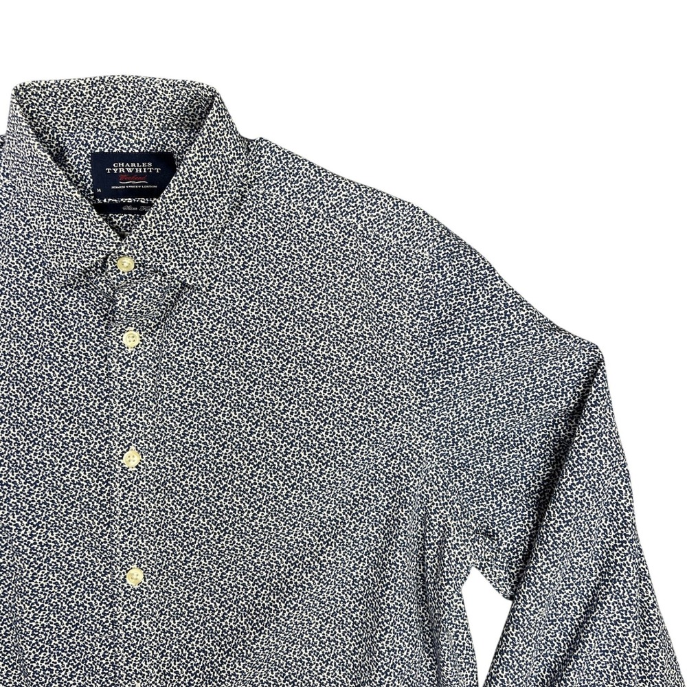 Charles Tyrwhitt Mens Medium Weekend Slim Fit Navy White Print Button Down Shirt
